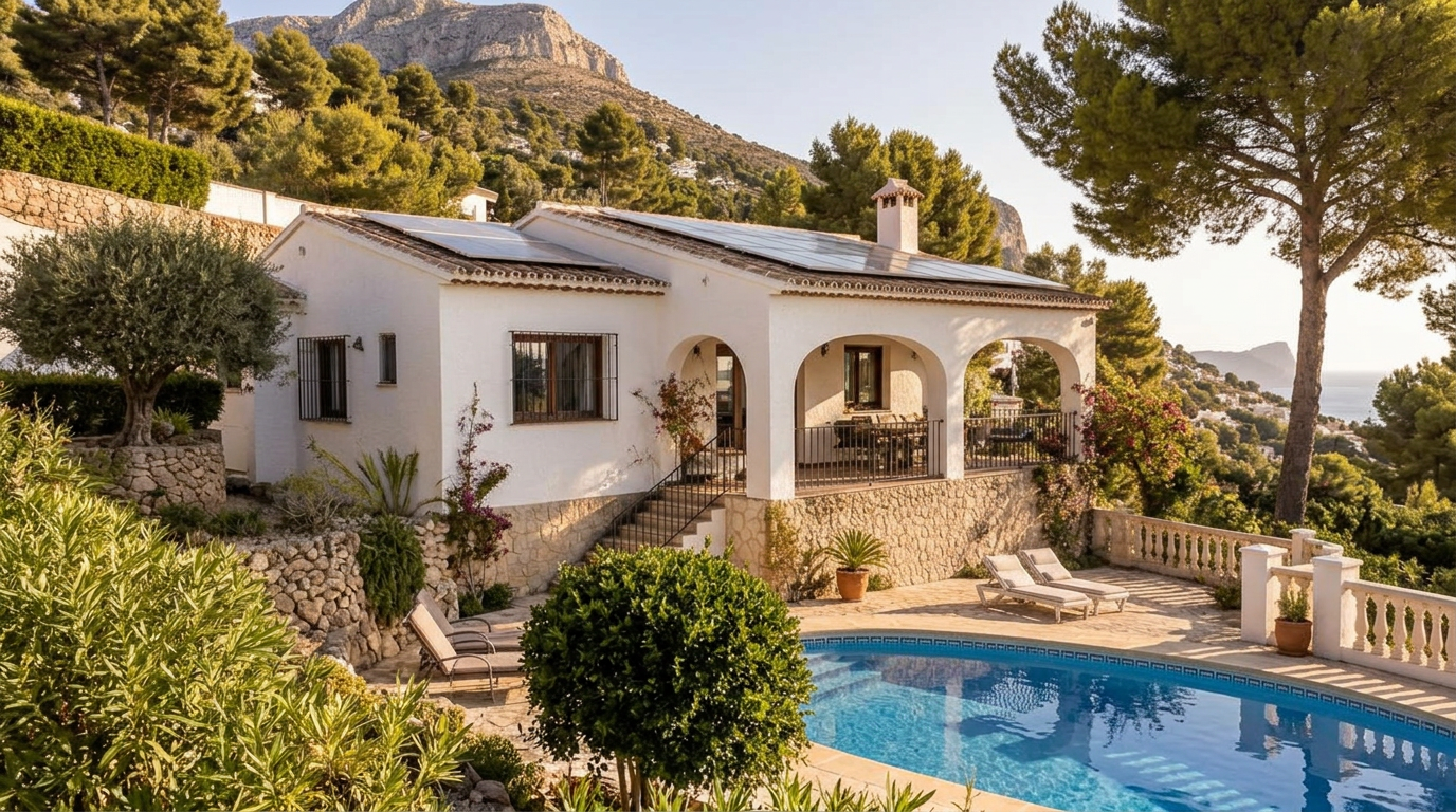 After: detached villa in Jávea before and after solar panels were fitted to the terracotta roof