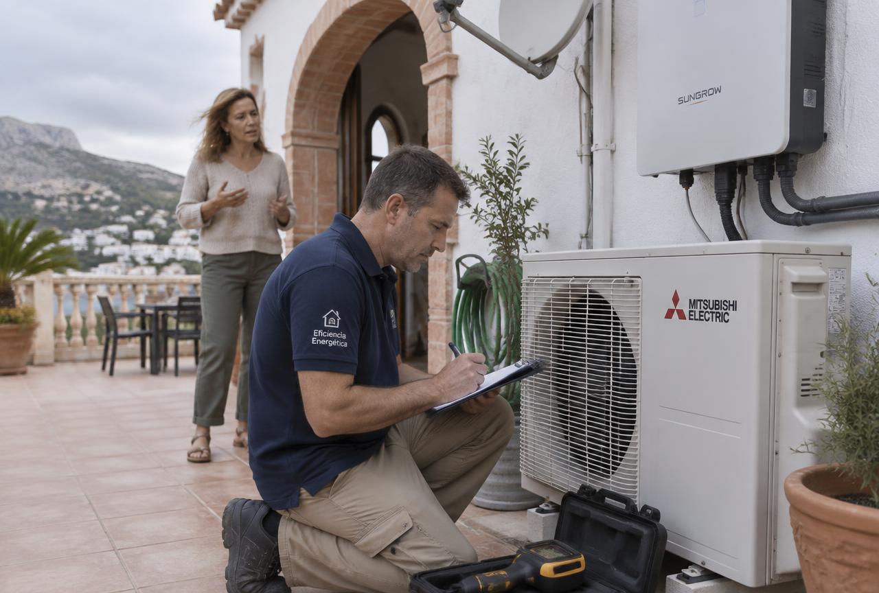 Energy surveyor discussing upgrade options with homeowners at a Spanish villa
