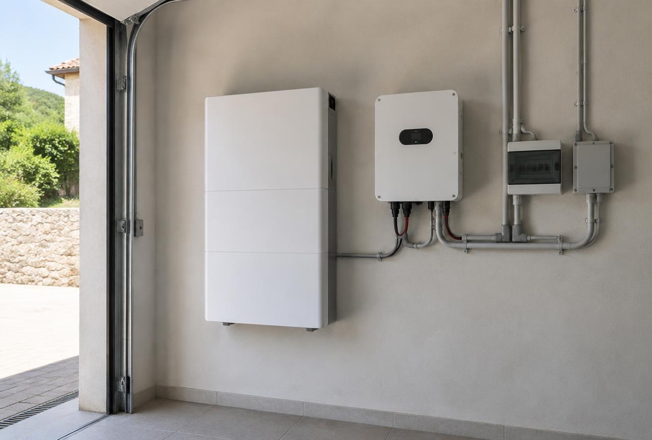 Home battery storage unit and inverter mounted in a Spanish villa garage